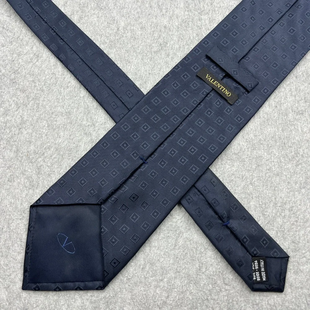 Valentino 100% Silk Tie Mens Blue Geometric Square Italy Made Luxury Designer